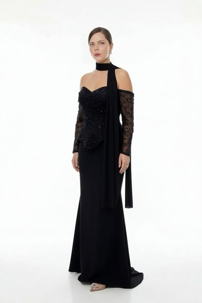 فستان سهرة أسود بدون حمالات مزين بالترتر، مقاس كبير